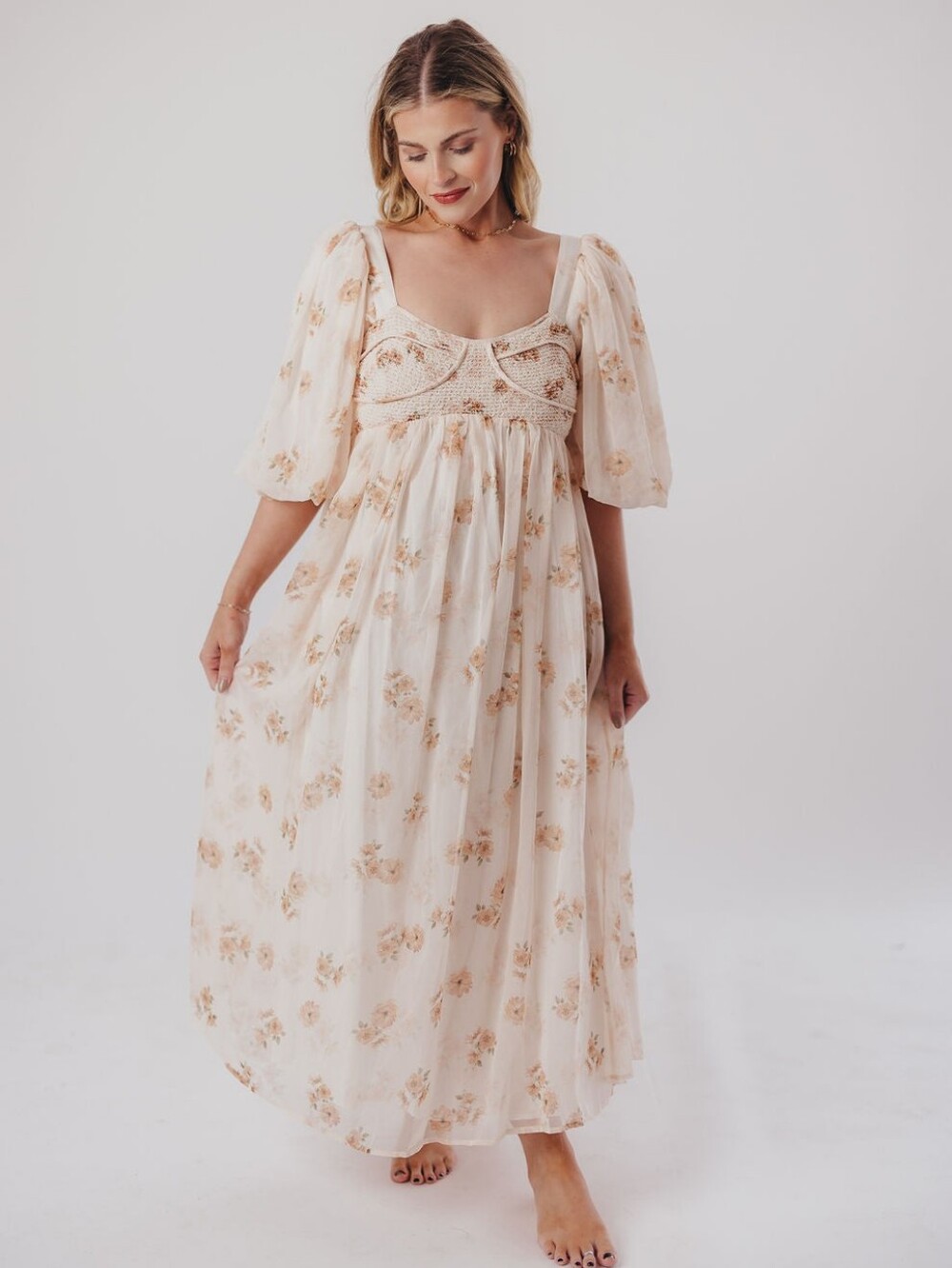 Worth collective Harlow Maxi Dress in Taupe Floral Puff-Sleeve - Bump Friendly M